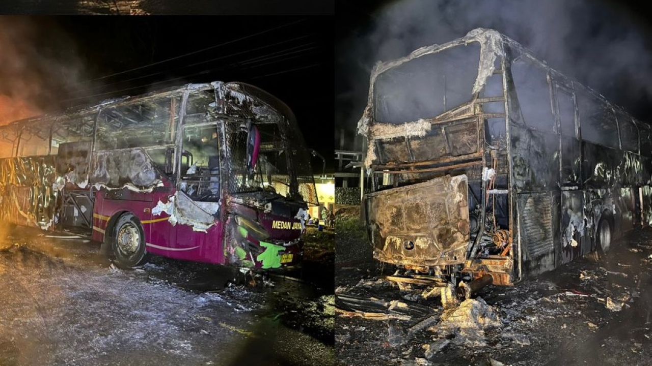 Angkut Pemudik Nataru, Bus Medan Jaya Terbakar di Depan Polres Musi Rawas Utara