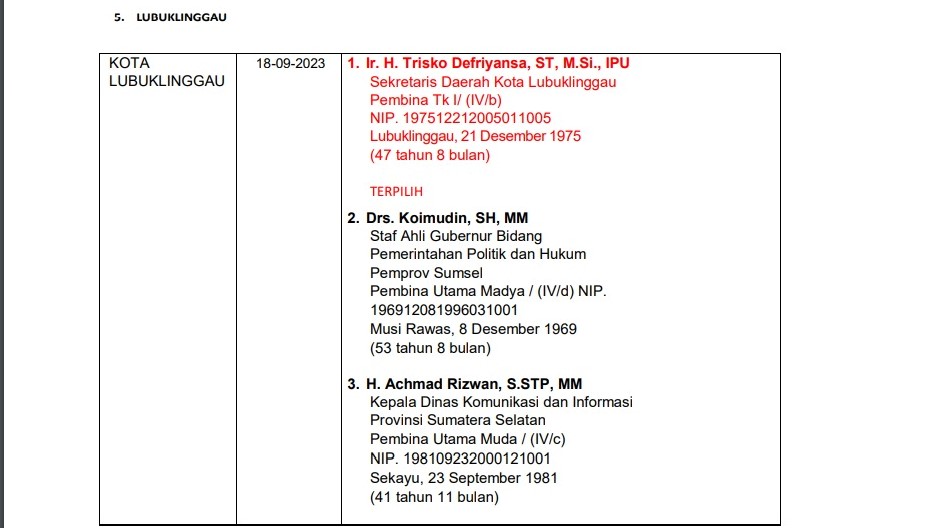 Beredar Daftar Nama Pj Bupati dan Wali Kota 7 Daerah di Sumatera Selatan, Trisko Defriyansa di Lubuklinggau