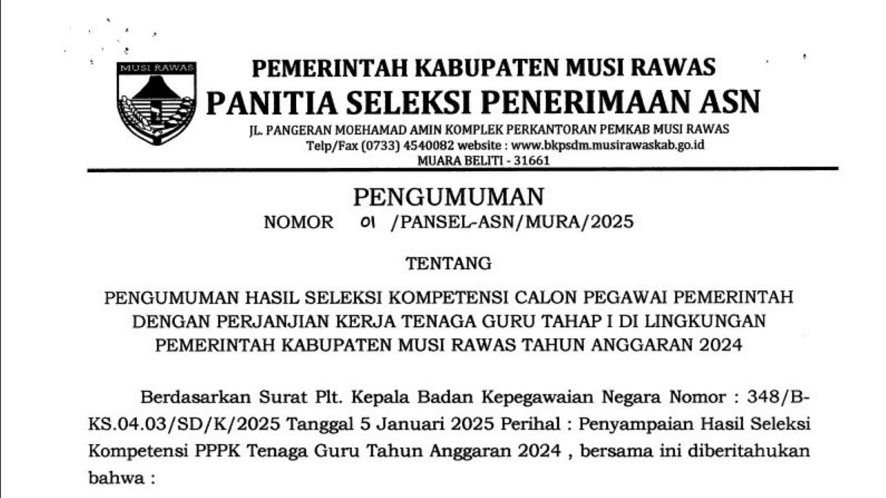 Link Pengumuman PPPK 2024 Tahap 1 Musi Rawas, Beserta Arti Kode Hasil Seleksi, Cek Sekarang