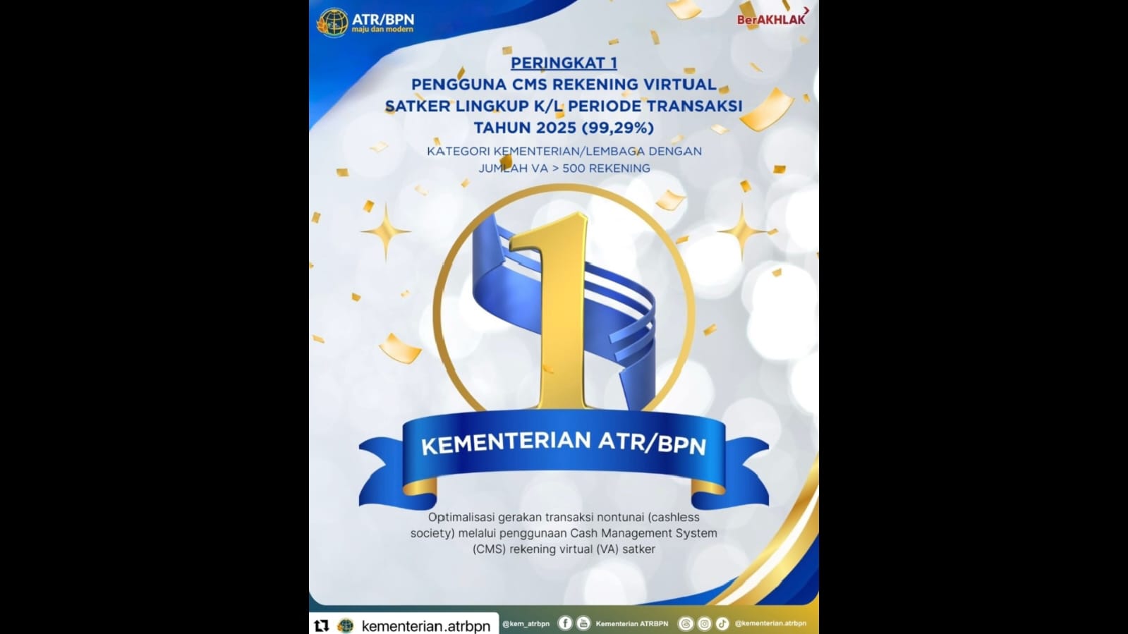 Kementerian ATR/BPN Raih Peringkat Pertama Pengguna CMS Rekening Virtual Tahun 2025