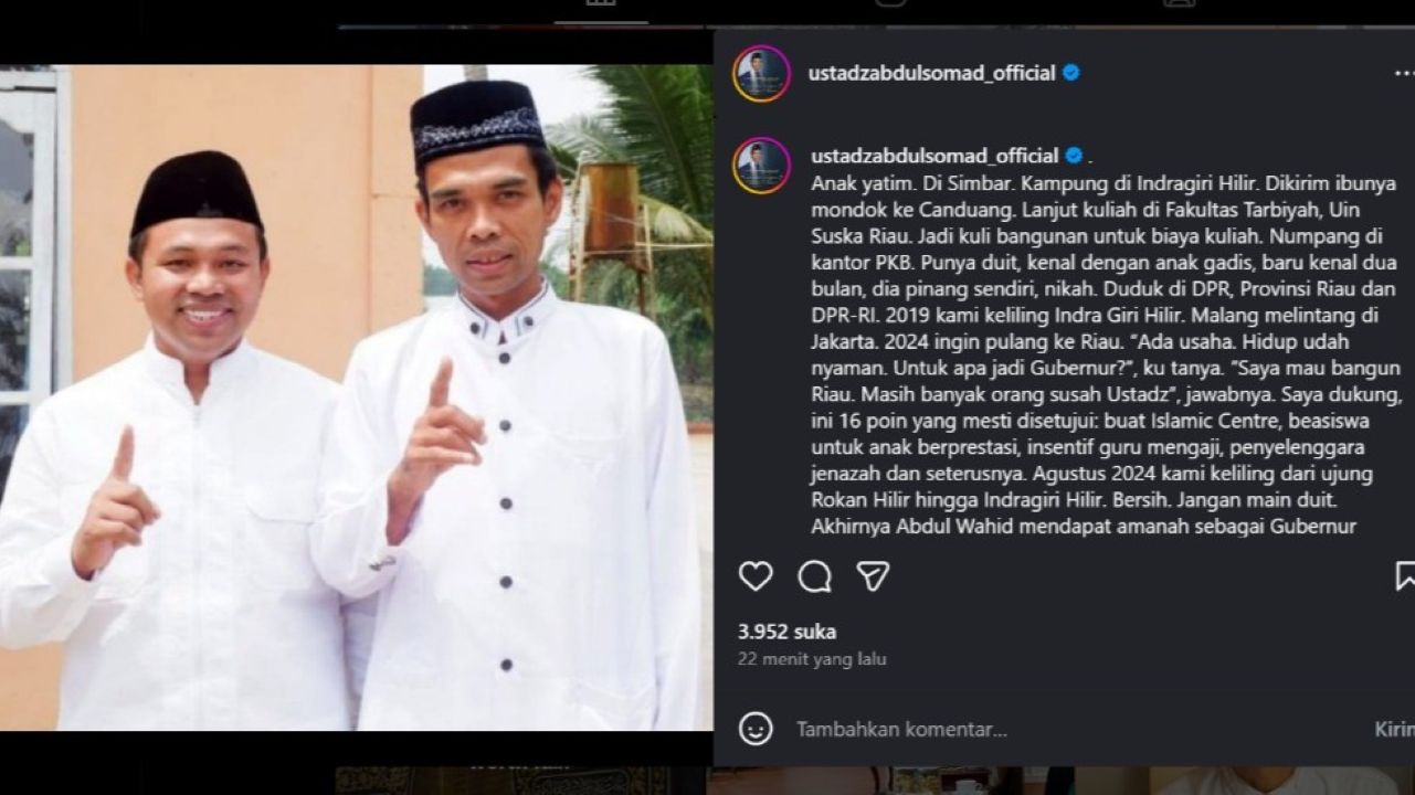 Posting Foto Bersama Gubernur Riau, Ustadz Abdul Somad: Sebagai Sahabat, Saya Support dan Mendoakan