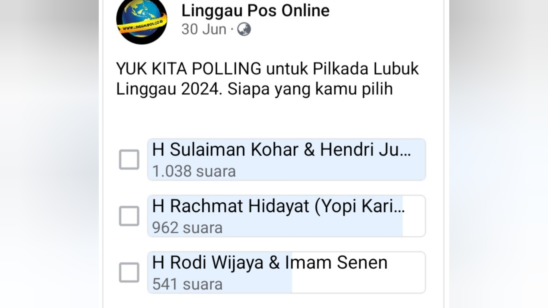 Pilkada Lubuk Linggau 2024, Pasangan Sulaiman Kohar-Hendri Juniansyah Unggul, Polling Versi Media Sosial
