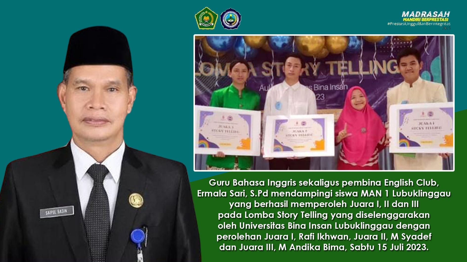 Prestasi Luar Biasa! Tiga Pelajar MAN 1 Lubuklinggau Raih Juara Umum Lomba Story Telling