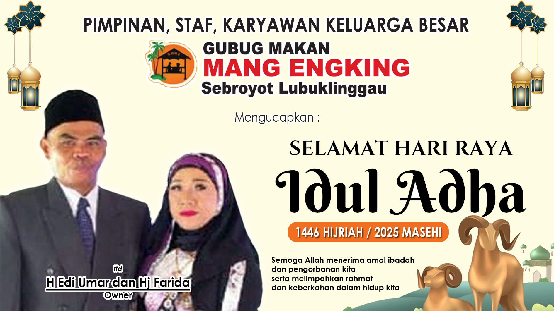 Pimpinan, Karyawan Gubug Makan Mang Engking Seberoyot Lubuk Linggau Mengucapkan Selamat Hari Raya Idul Adha