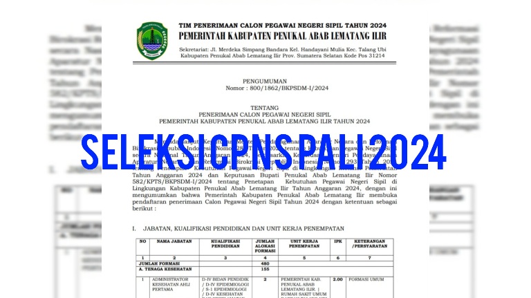 60 Formasi CPNS 2024 PALI Disiapkan untuk Lulusan SMA Sederajat, Berikut Jabatan Paling Banyak Dibutuhkan