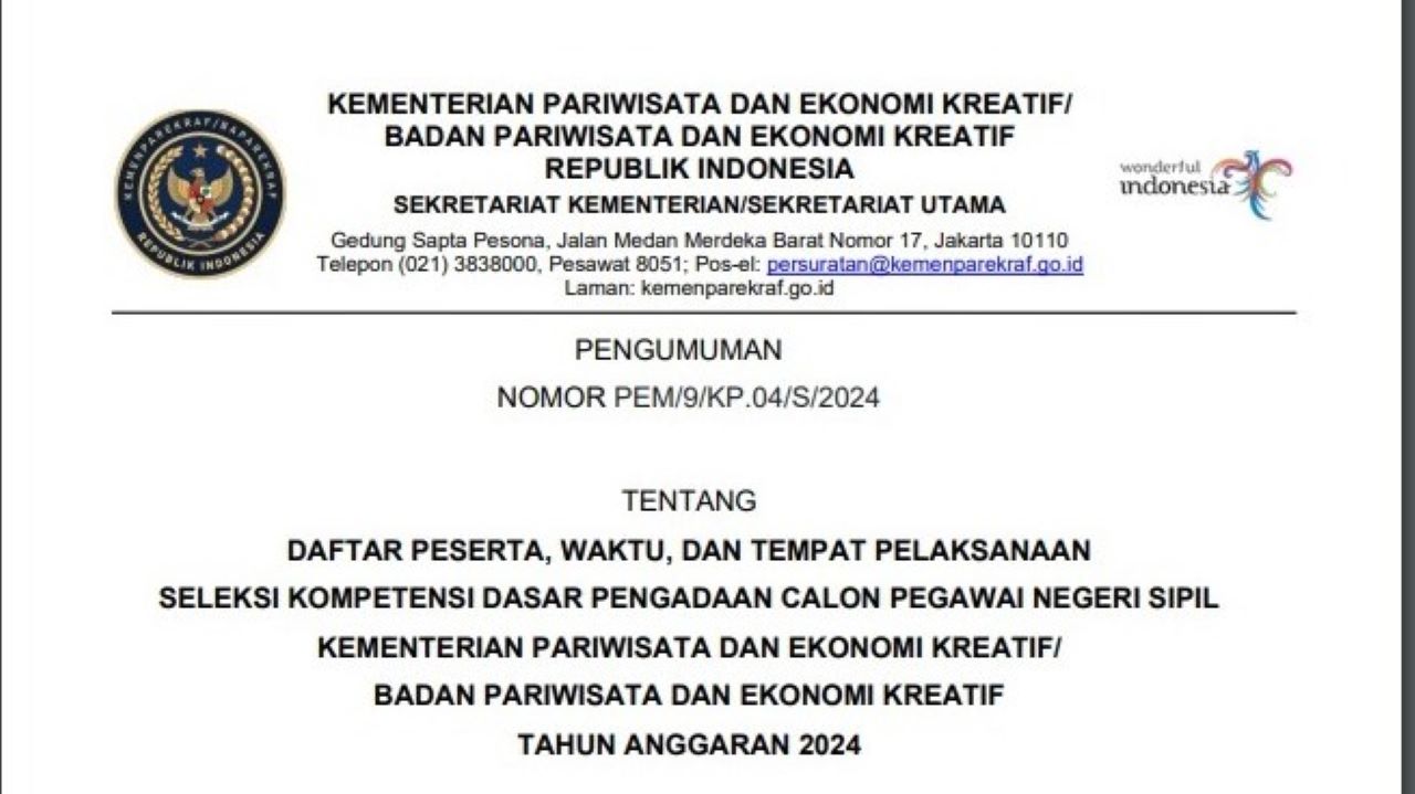 PPPK 2024 Kemenparekraf Buka  809 Formasi, Ini Syarat dan Unit Penempatannya