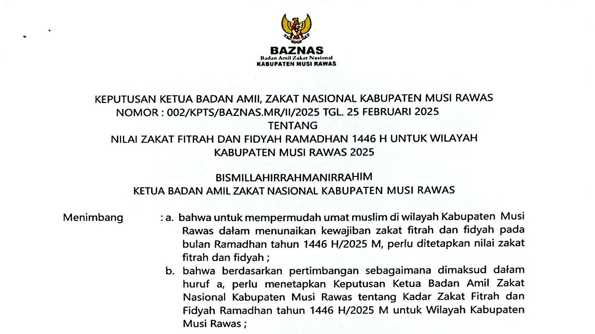 Segini Besaran Zakat Fitrah dan Fidyah 2025 di Musi Rawas, Cek di Sini