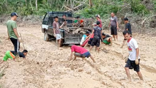 Kades Bersama Warga Desa Batu Kucing Muratara Kompak Gotong Royong Perbaiki Jalan Desa