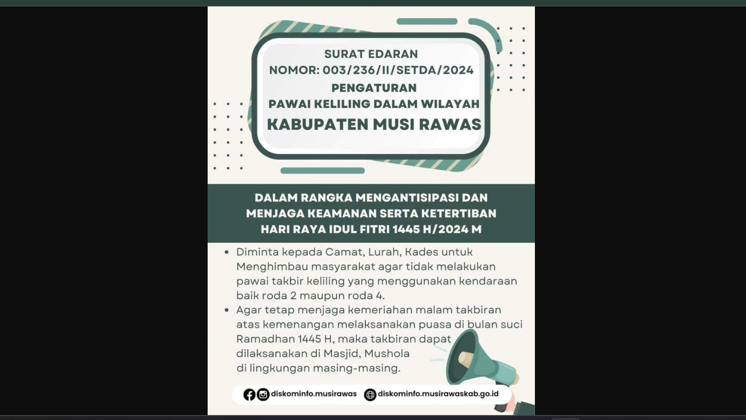 Bupati Musi Rawas Larang Warga Takbiran Keliling Idul Fitri 2024, Sekda Beberkan Alasannya