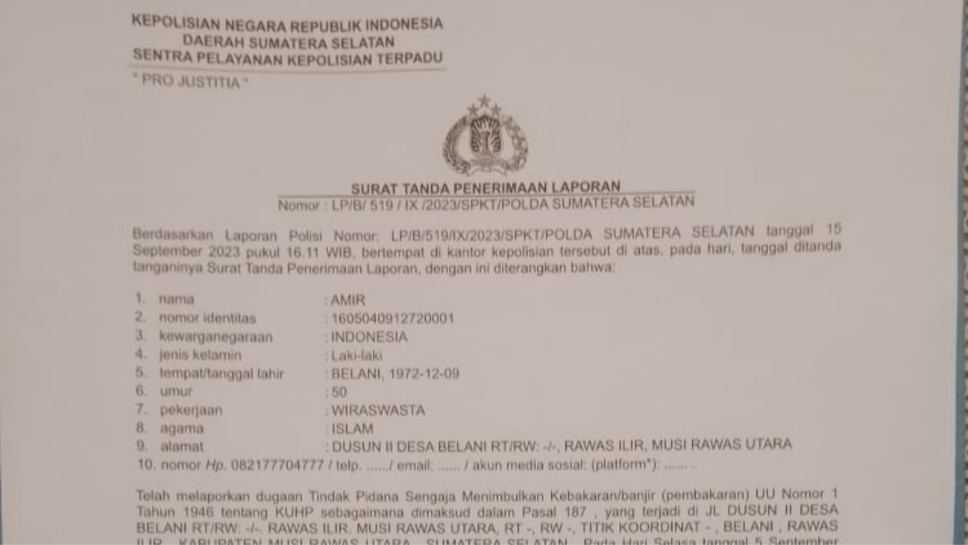 Yang Dilaporkan Melakukan Pembakaran di Belani Muratara, Ternyata Adik Bupati 