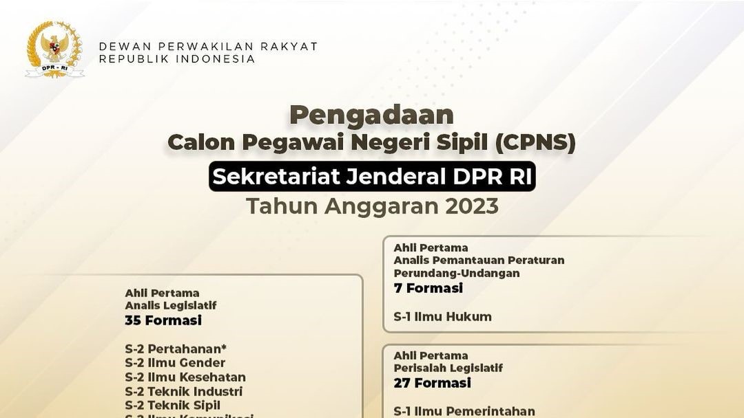 Seleksi CPNS Sekretariat Jenderal DPR RI, Berikut ini Formasi Lengkapnya