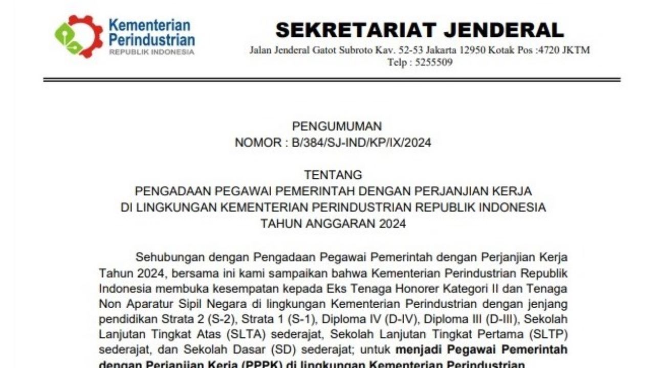 PPPK 2024, Kemenperin Buka 1.011 Formasi Tenaga Teknis Hingga Guru, Ini Rinciannya