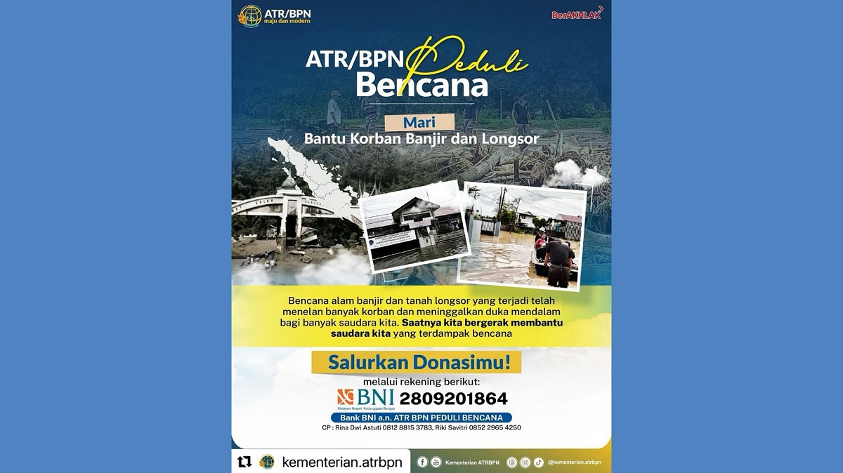 Kementerian ATRBPN Buka Donasi, Peduli Banjir dan Longsor di Aceh, Sumatera Utara dan Sumatera Barat