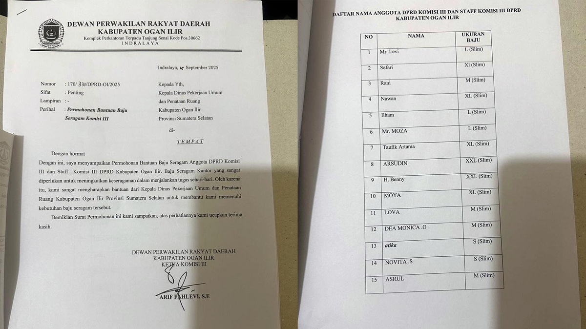 Heboh DPRD Ogan Ilir Sumatera Selatan Surati OPD Minta Bantuan Baju Seragam