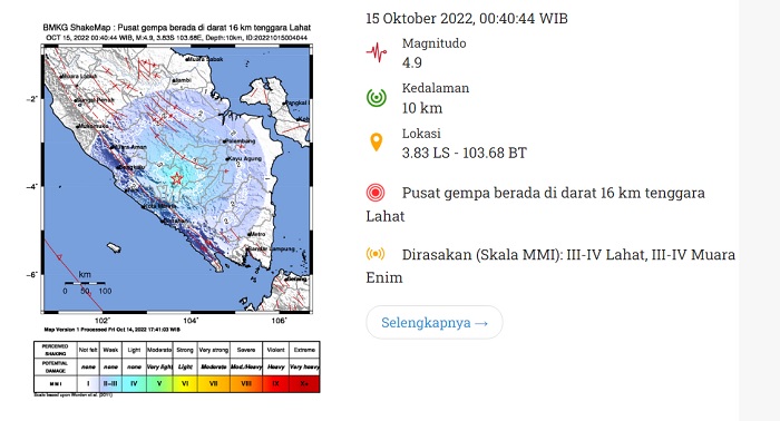 Tengah Malam Lahat Gempa, BMKG: Gempa Tektonik Patahan Lokal