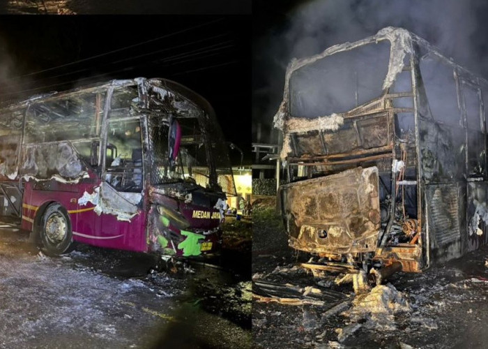 Angkut Pemudik Nataru, Bus Medan Jaya Terbakar di Depan Polres Musi Rawas Utara