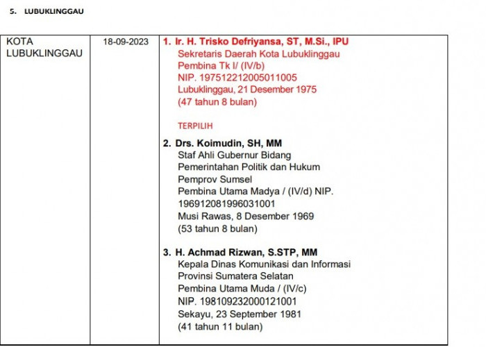 Beredar Daftar Nama Pj Bupati dan Wali Kota 7 Daerah di Sumatera Selatan, Trisko Defriyansa di Lubuklinggau