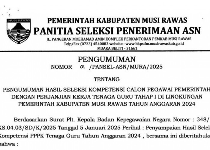 Link Pengumuman PPPK 2024 Tahap 1 Musi Rawas, Beserta Arti Kode Hasil Seleksi, Cek Sekarang