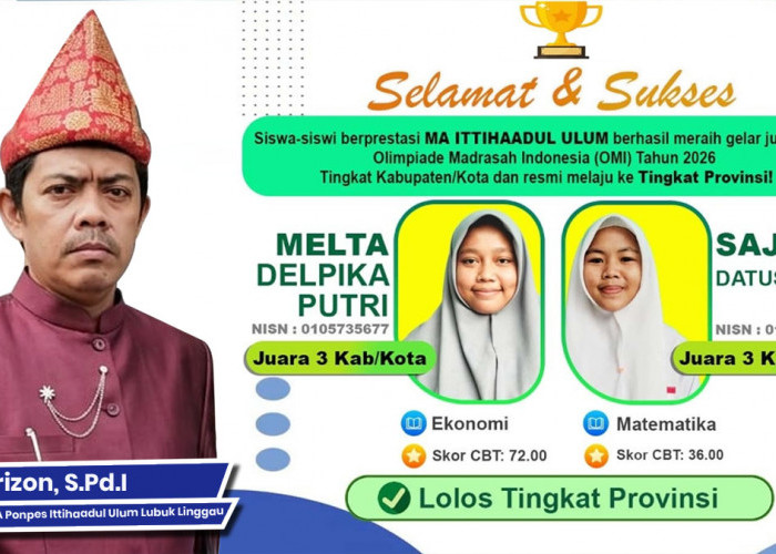 Selamat! 2 Santri MA Ittihaadul Ulum Lubuk Linggau Juara OMI 2026 dan Melaju ke Provinsi