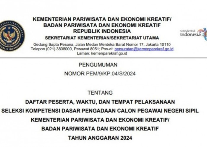 PPPK 2024 Kemenparekraf Buka  809 Formasi, Ini Syarat dan Unit Penempatannya