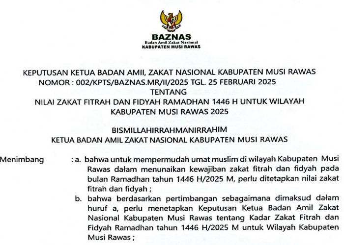 Segini Besaran Zakat Fitrah dan Fidyah 2025 di Musi Rawas, Cek di Sini