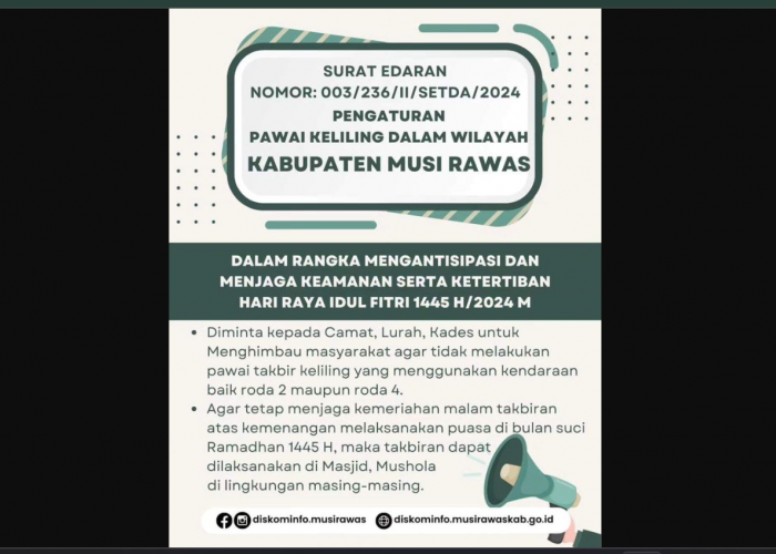 Bupati Musi Rawas Larang Warga Takbiran Keliling Idul Fitri 2024, Sekda Beberkan Alasannya
