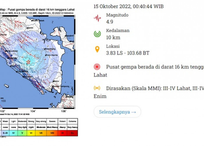 Tengah Malam Lahat Gempa, BMKG: Gempa Tektonik Patahan Lokal